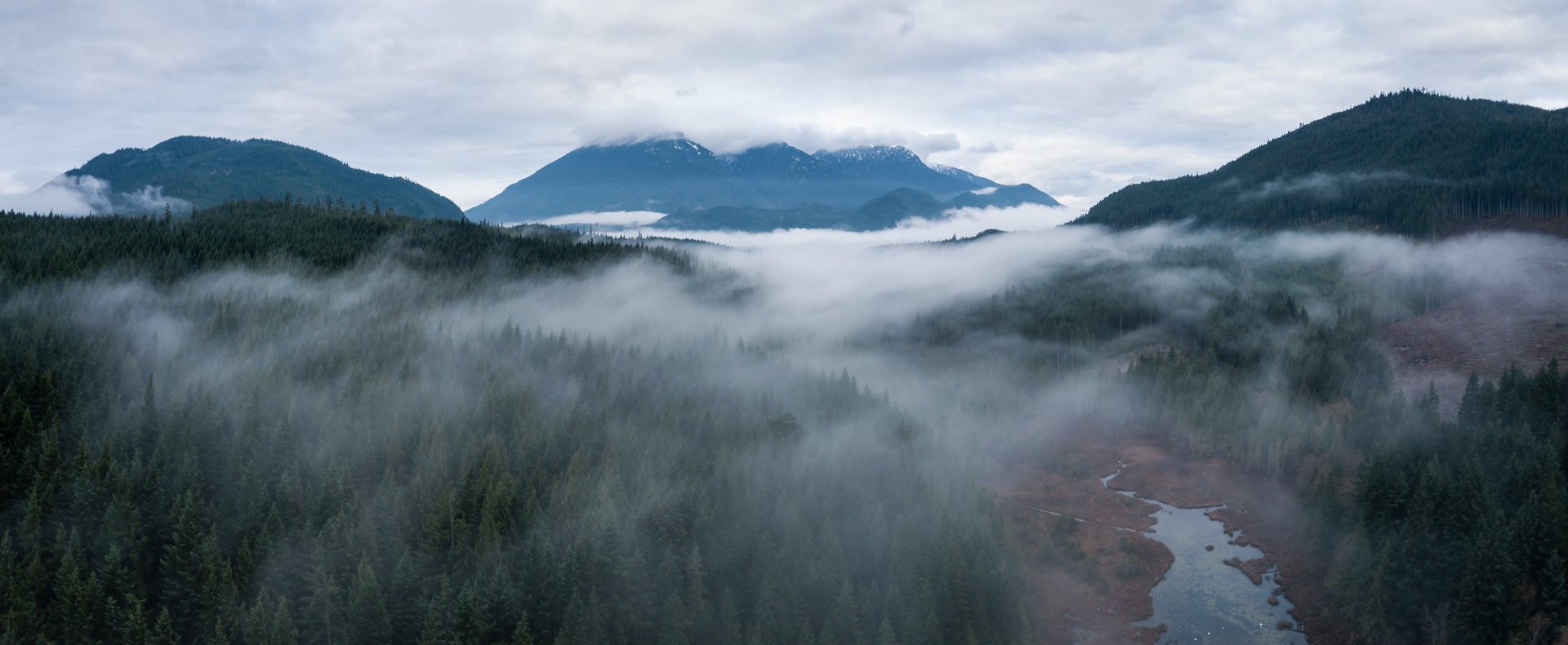 Fog rolling through a forested river valley beneath a coastal mountain ridge